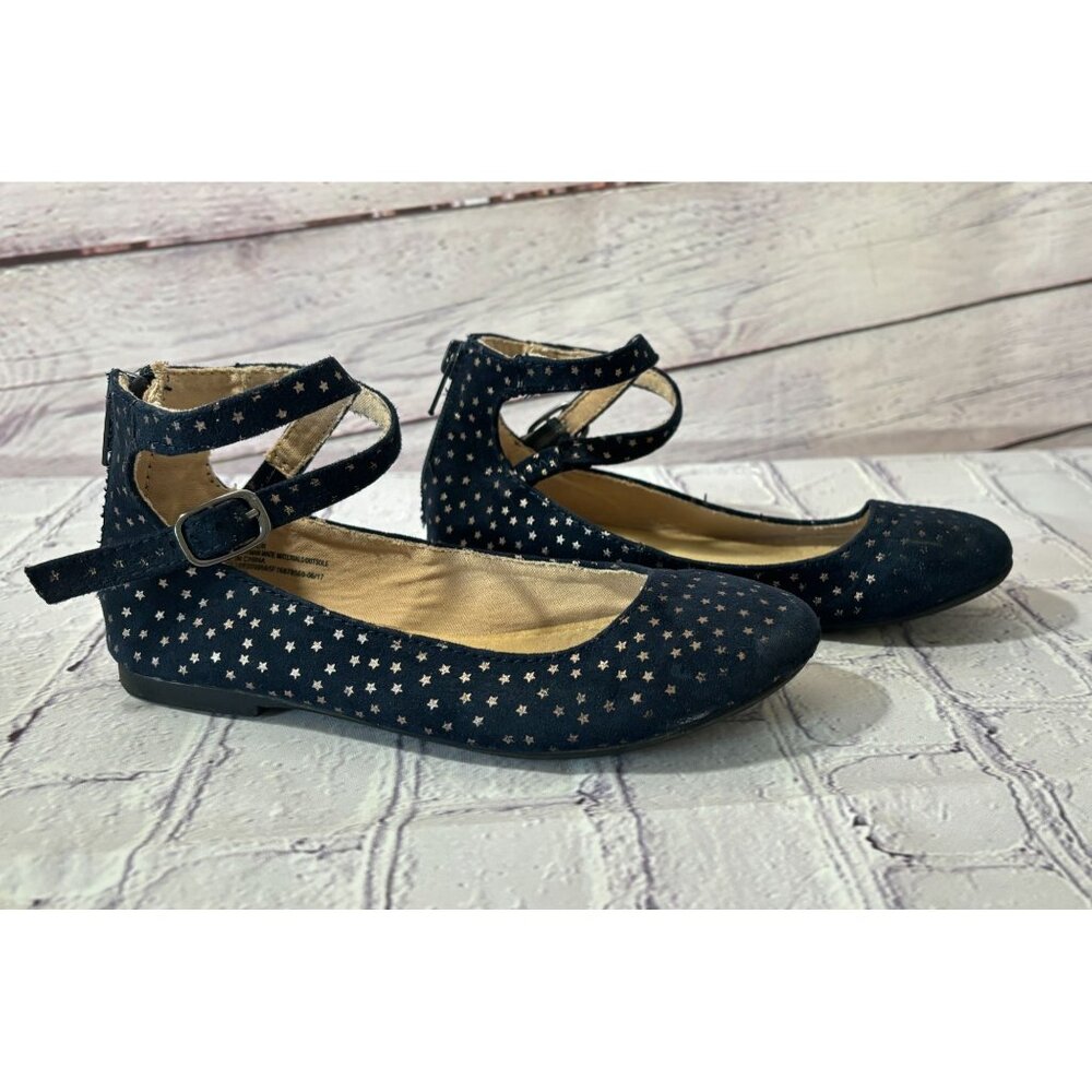 Cat & Jack Leslie Ankle Wrap Ballet Flat Navy w/Gold Stars - SIZE 13